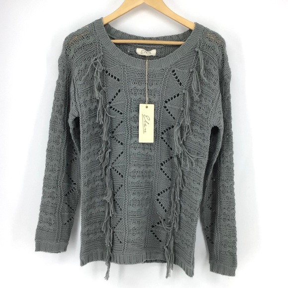 Elan Sweaters - Elan Grey Cable Knit Fringe Tassel Front Sweater